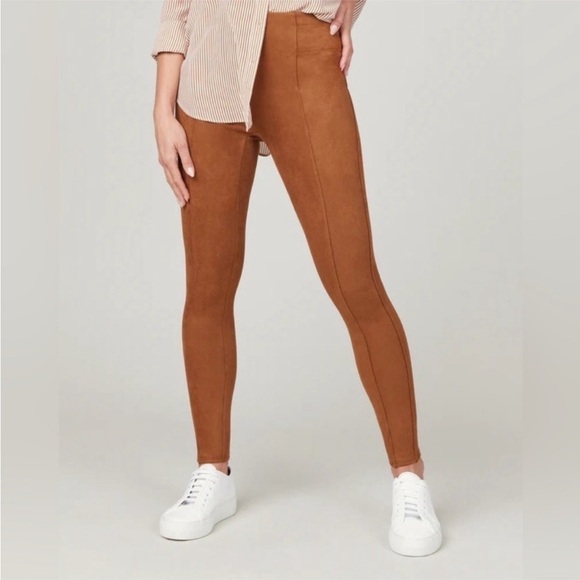 Spanx Cognac Brown Tummy Control Faux Suede High Waist Pullon Leggings Pants Med - Picture 1 of 12